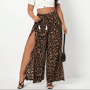 Leopard Split Thigh Wide Leg Pants